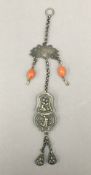 A Chinese unmarked white metal chatelaine. 25 cm high.
