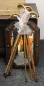 An early 20th century oak framed mirror and a quantity of walking sticks