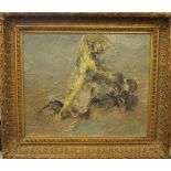 Modernist oil on canvas laid on board, Two Figures Fighting, the reverse inscribed T Felcey, framed.