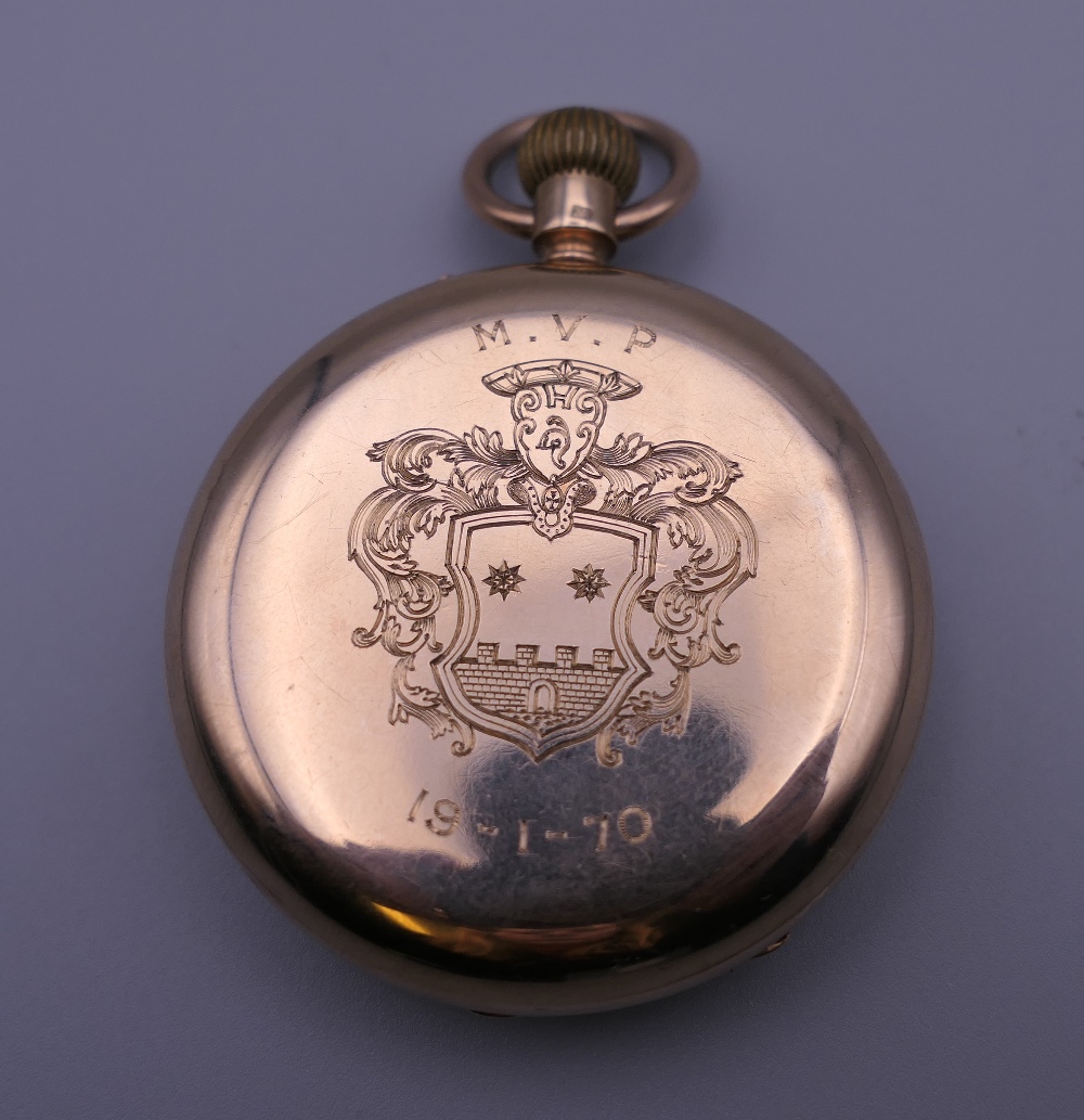 A 9 ct gold pocket watch. 4.5 cm diameter. 82.1 grammes total weight. - Image 2 of 8