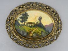 CONTINENTAL SCHOOL, Rural Cottage, oil, oval framed. 34 cm wide overall.