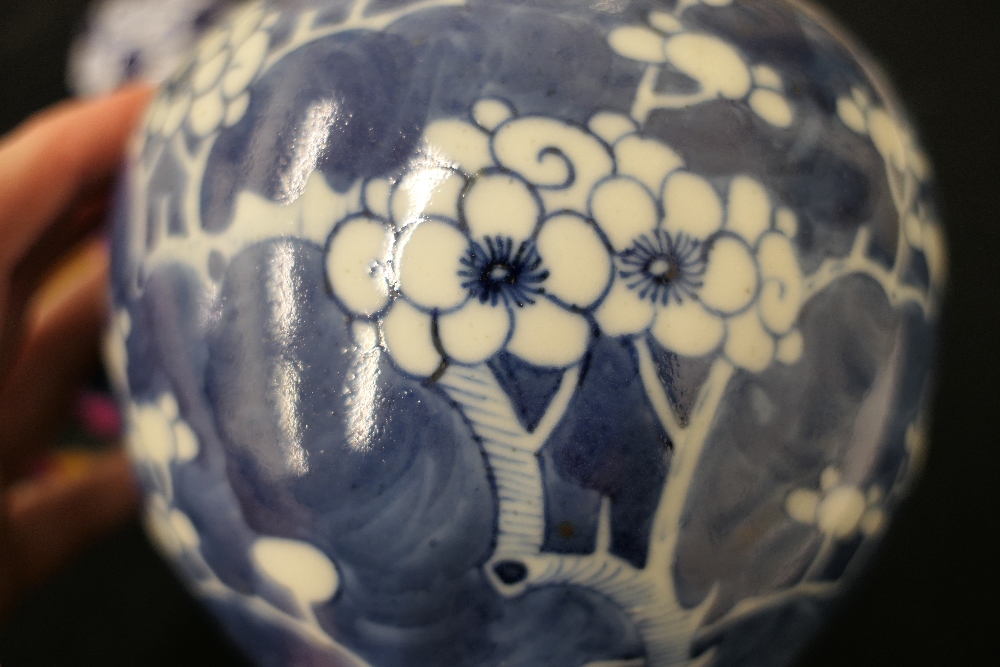 Two 19th century Chinese blue and white 'prunus blossom' vases and covers. The tallest 28 cm high. - Image 20 of 22