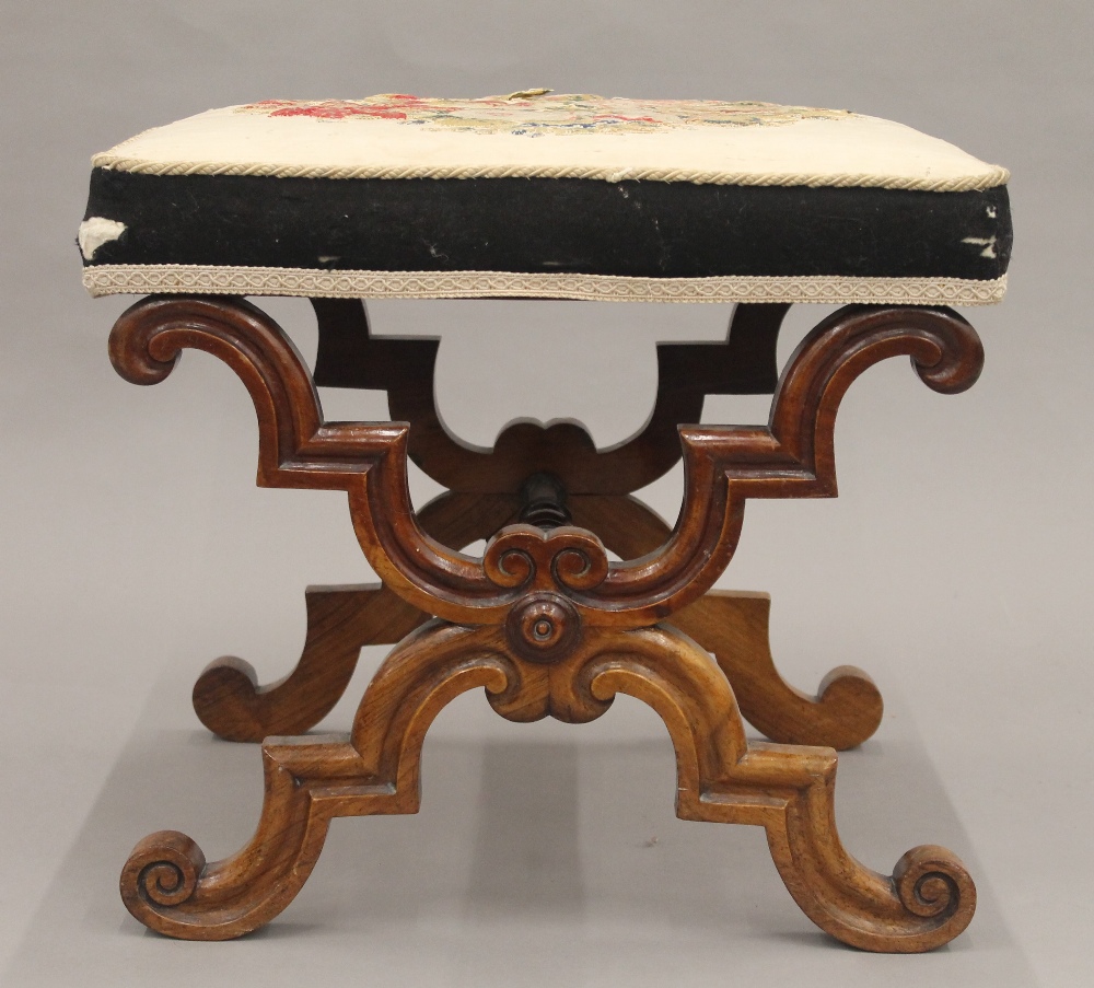 A matched pair of Victorian tapestry covered rosewood x-frame stools. - Image 8 of 13