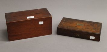 A 19th century mahogany collection box and a rosewood cased drawing set. The former 24 cm wide.