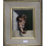 A Woman and a Man Hiding Behind a Curtain, oil on board, framed. 19 x 25.5 cm.