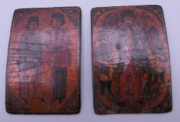 Two small Continental antique lacquered panels. 5.75 cm high.