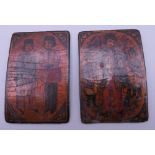 Two small Continental antique lacquered panels. 5.75 cm high.