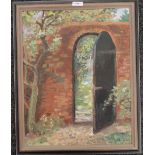 PHYLLIS GILES, The Garden Door, oil on board, framed. 39 x 49 cm.