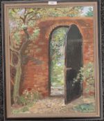 PHYLLIS GILES, The Garden Door, oil on board, framed. 39 x 49 cm.