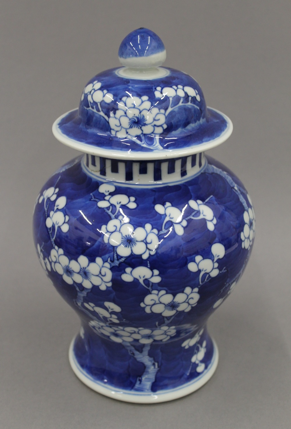 Two 19th century Chinese blue and white 'prunus blossom' vases and covers. The tallest 28 cm high. - Image 7 of 22