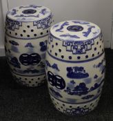 A pair of blue and white porcelain barrel seats. 45 cm high.