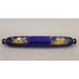 A Victorian Bristol blue glass rolling pin, decorated with ships. 38 cm long.