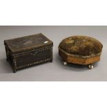 A Victorian walnut foot stool and a 19th century beaded steel box. The latter 26 cm wide.