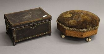 A Victorian walnut foot stool and a 19th century beaded steel box. The latter 26 cm wide.