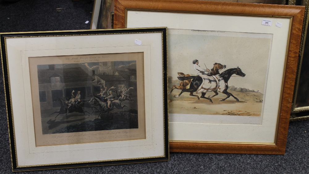 The First Steeplechase on Record, four 19th century prints and another.