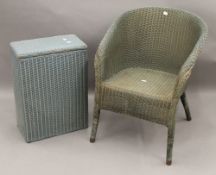 A Lloyd Loom chair and a Lloyd Loom linen basket. The latter 53.5 cm high.