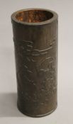 A Chinese carved bamboo brush pot, decorated with fish and calligraphy. 22.5 cm high.