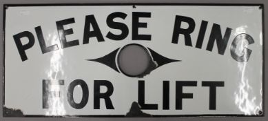 A vintage enamel sign 'Please Ring For Lift'. 71 cm wide.