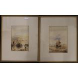 Boats on a Beach and a Harbour Scene, watercolours, both signed with initials J.
