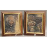 Two framed Vietnamese portraits painted on tobacco leaf, signed by artist Maitree, 1979.