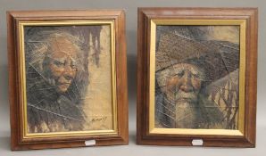 Two framed Vietnamese portraits painted on tobacco leaf, signed by artist Maitree, 1979.