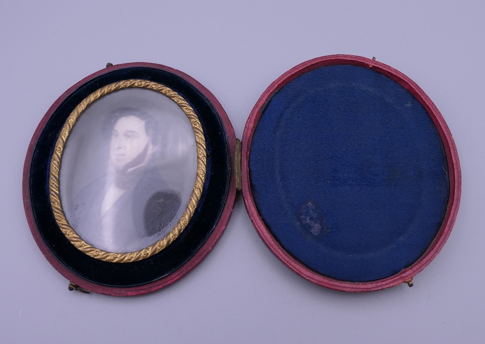 A cased 19th century miniature portrait of a bearded gentleman. 7.5 cm high. - Image 3 of 8