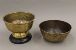 Two Eastern brass bowls, one with engraved decoration.