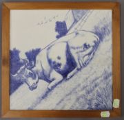 A Victorian butchers shop tile depicting a cow, framed. 34 x 33.5 cm.