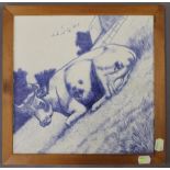 A Victorian butchers shop tile depicting a cow, framed. 34 x 33.5 cm.