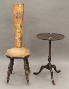A Victorian poker work spinners chair and a side table. The former 99.5 cm high.