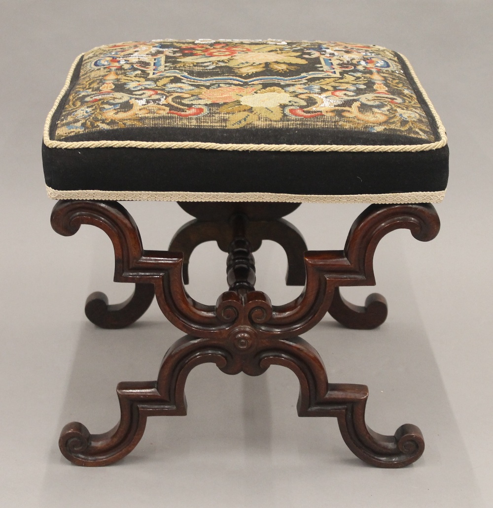 A matched pair of Victorian tapestry covered rosewood x-frame stools. - Image 3 of 13