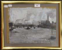 NELSON DAWSON, Battersea Power Station from the Thames, gouache and oil on board, framed and glazed.