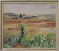 PHYLLIS GILES, Pink Cornfield, oil on board, initialled, framed. 59 x 49.5 cm.