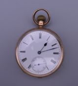 A 9 ct gold pocket watch. 4.5 cm diameter. 82.1 grammes total weight.