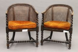 A pair of barley twist bergere chairs. Each 59 cm wide.