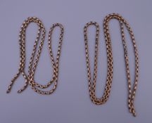 Two lengths of unmarked 9 ct gold chains. 17.8 grammes.