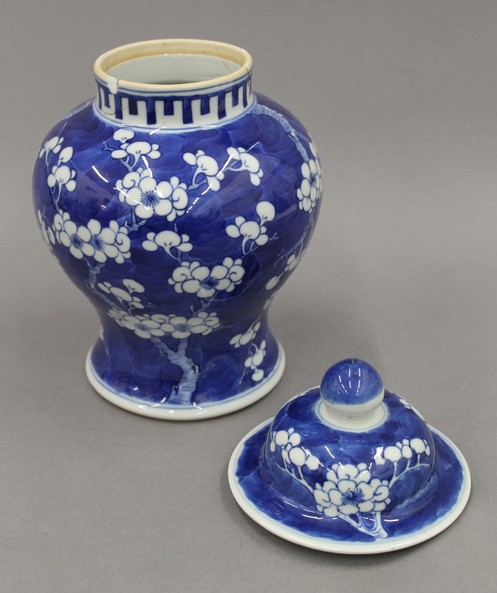 Two 19th century Chinese blue and white 'prunus blossom' vases and covers. The tallest 28 cm high. - Image 9 of 22