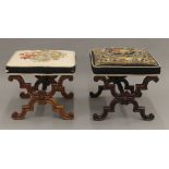 A matched pair of Victorian tapestry covered rosewood x-frame stools.