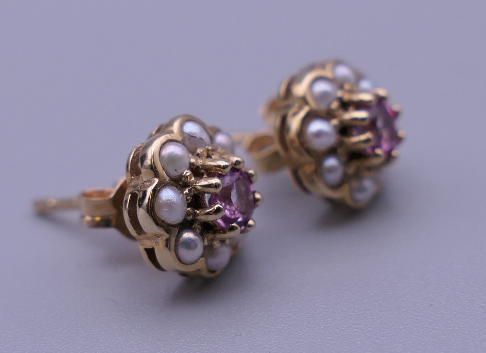 A pair of 9 ct gold pink tourmaline and pearl earrings. 8 mm high. - Image 3 of 6