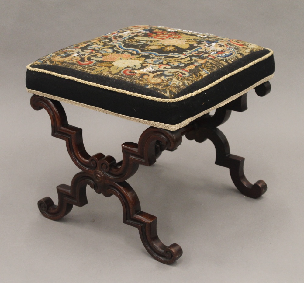 A matched pair of Victorian tapestry covered rosewood x-frame stools. - Image 4 of 13