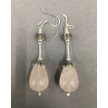 A pair of rose quartz and marcasite earrings. 4 cm high.