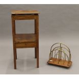 A Victorian brass and oak magazine rack and a mahogany nightstand. The former 35 cm wide.