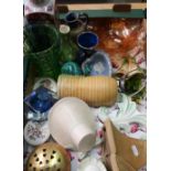 Selection of various decorative ceramics and glassware in one box, including Wedgwood, studio