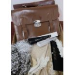 Various ladies shawls, silk-work gloves, purses, leather satchels etc