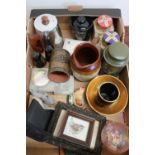 Various onyx desk stands, cold painted bronze figure of a bird with outspread wings, tea canisters