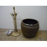 A large metal table lamp and an Earthenware jardiniere (34cm high) (2)