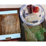 Selection of champagne flutes, pressed glass, Queen Victoria Jubilee plate, green glassware table