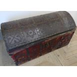 Unusual 19th C leather bound and studded dome top travelling trunk, the top with various panels