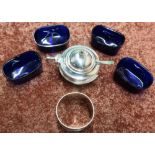 Birmingham silver hallmarked napkin ring, Birmingham silver hallmarked mustard pot with Bristol blue