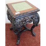 Chinese hardwood square top jardiniere stand with inset panel and elaborate carved detail (height